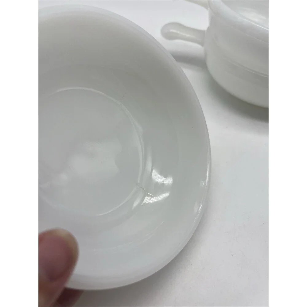 Vintage Glasbake Soup Bowls White Milk Glass Handled Crocks, Set of 3 With Lids